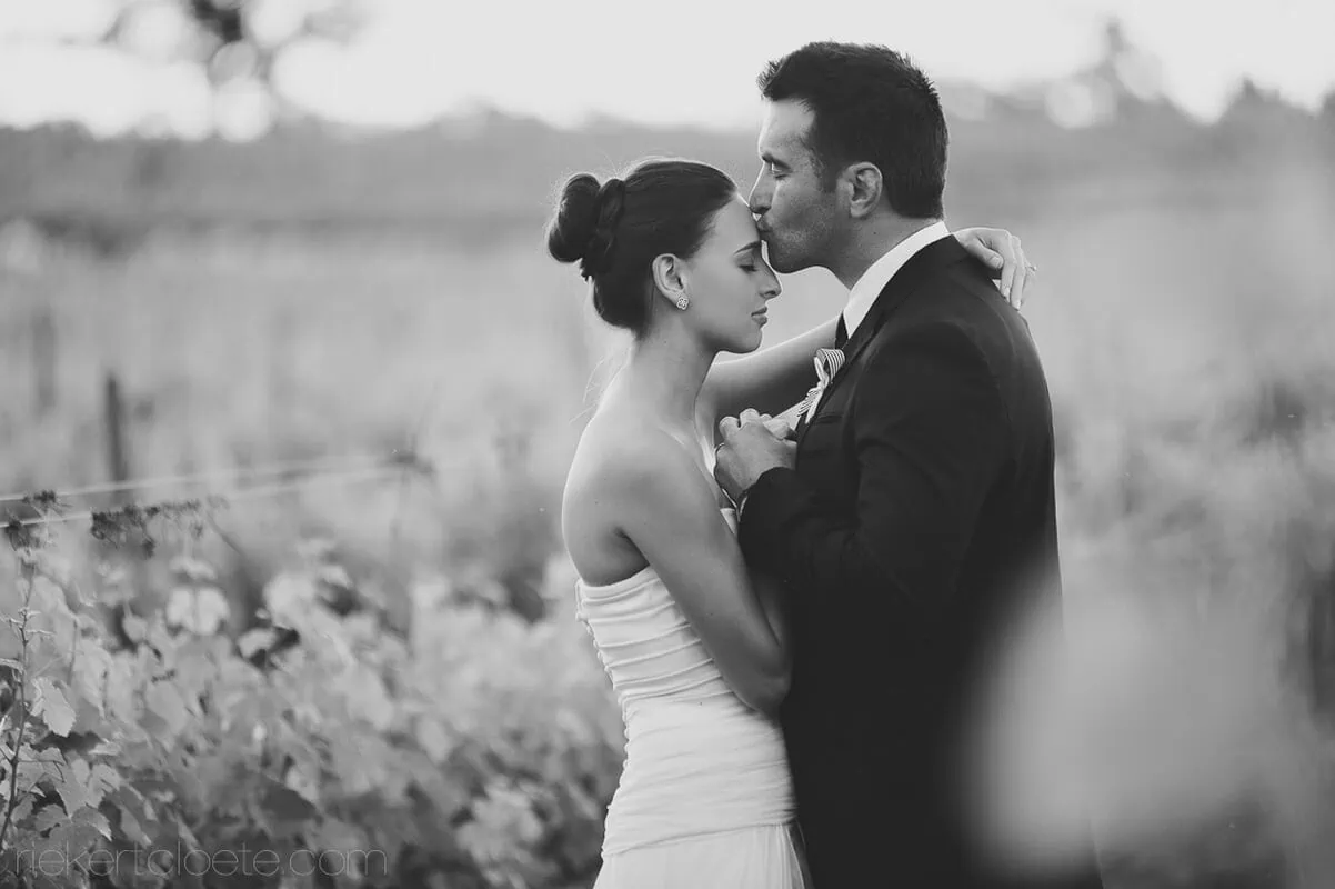 Groom kissing bride forehead vineyard side profile bw – Allée Bleue, Franschhoek
