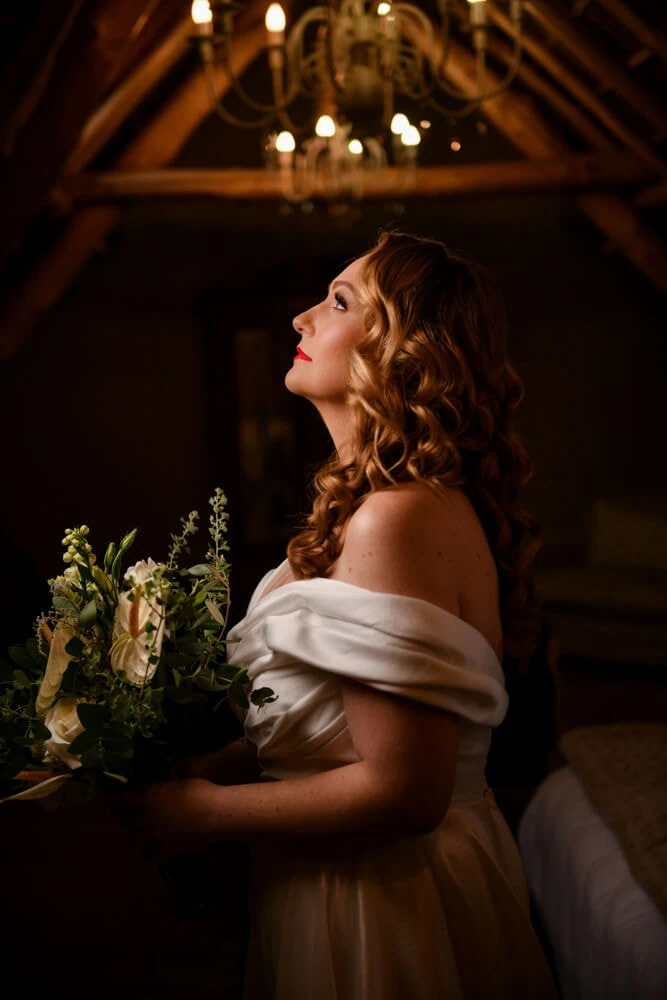 Bride off shoulder gown red lips winelands interior – Au d'Hex Estate, Wellington