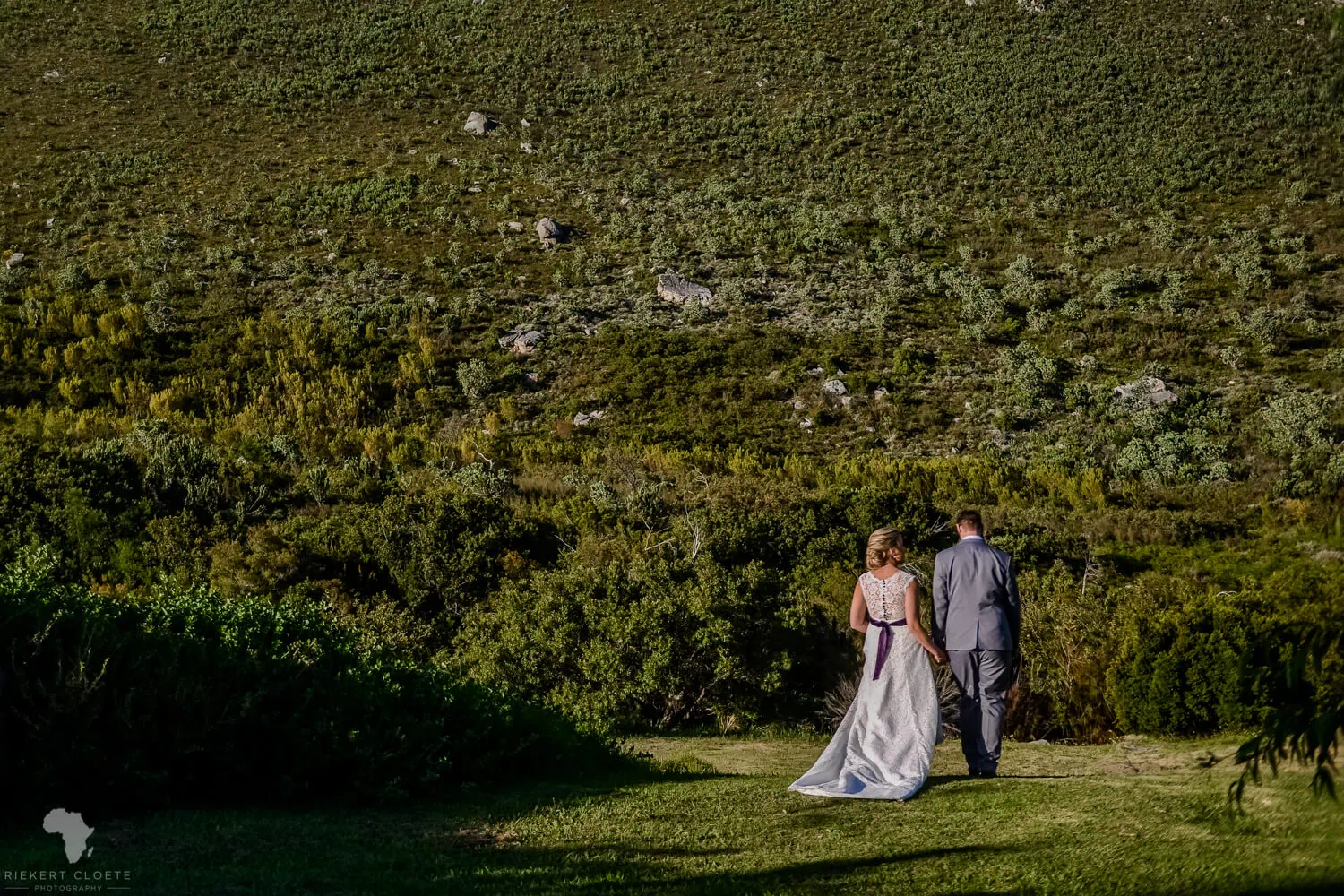 Bride groom walking fynbos hillside mountain slope – Du Kloof Lodge, Paarl