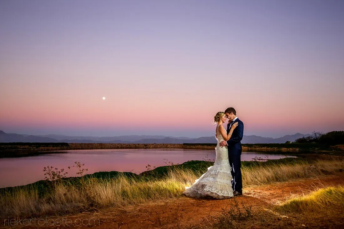 Couple dam dusk moon pink purple karoo sky – Groenrivier Function Centre, Riebeek Valley & Swartland