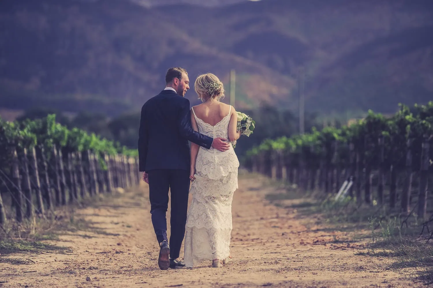 Franschhoek couple vineyard lace gown mountain walk – Holden Manz Wine Estate, Franschhoek