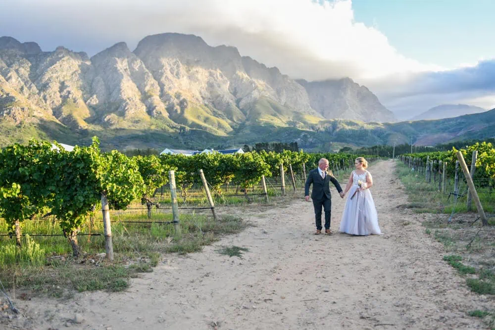 Franschhoek wedding vineyard walk stormy mountains – Holden Manz Wine Estate, Franschhoek