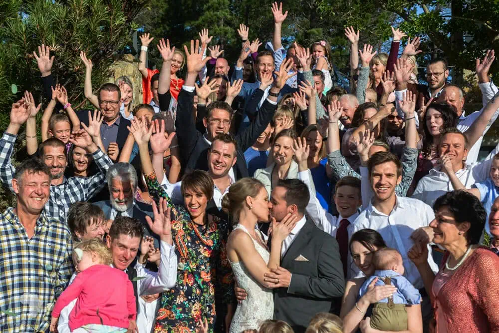 Outdoor wedding group photo garden lawn celebration – Idiom Wines, Somerset West