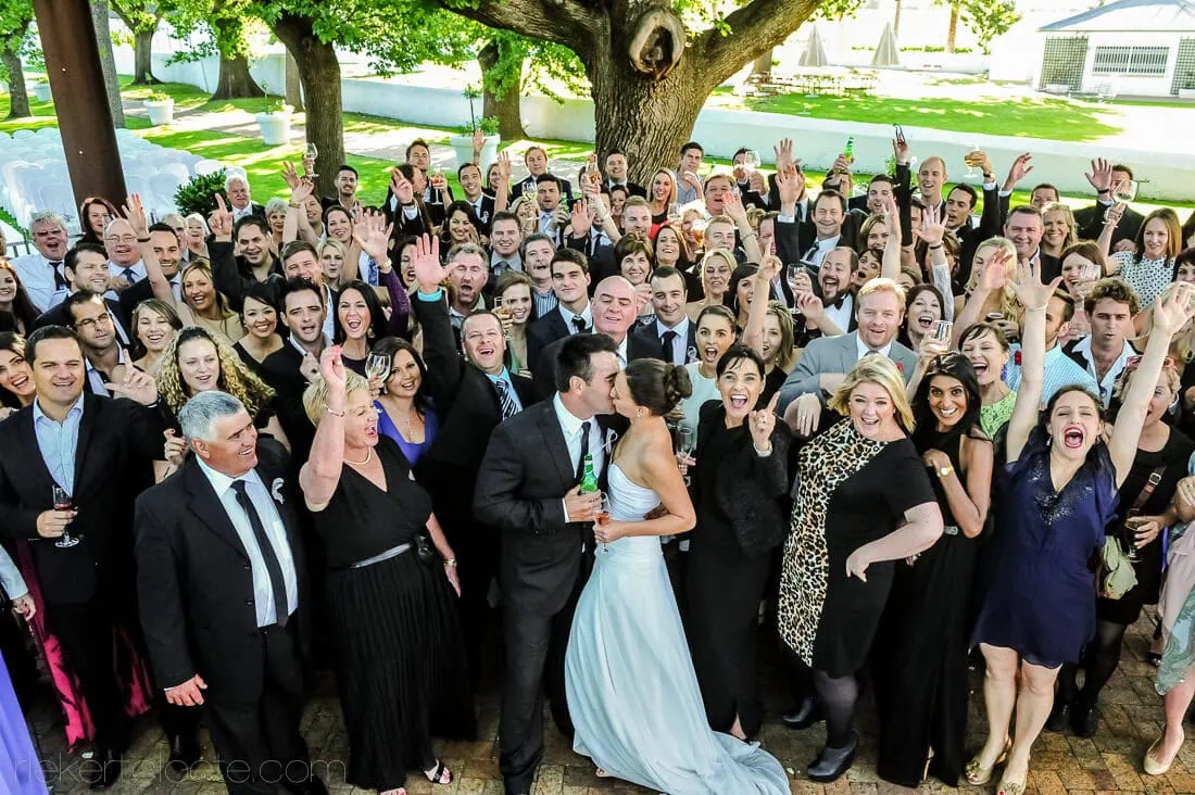 Large wedding group photo outdoor garden gazebo – Langkloof Roses, Wellington