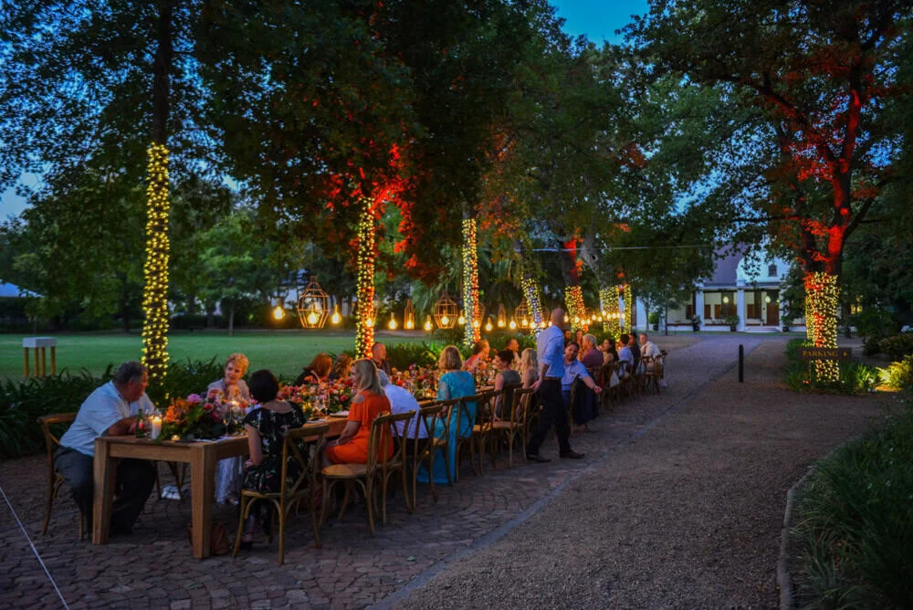 Outdoor wedding dinner colourful tree lights garden – Nooitgedacht Estate, Stellenbosch