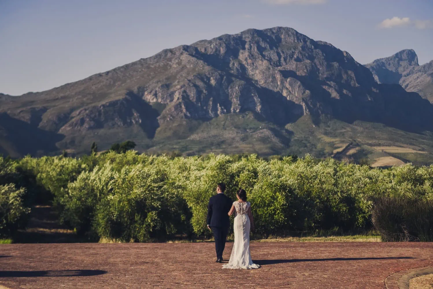 Couple walking orchard wine valley mountain backdrop – Saronsberg Wine Cellar, Tulbagh