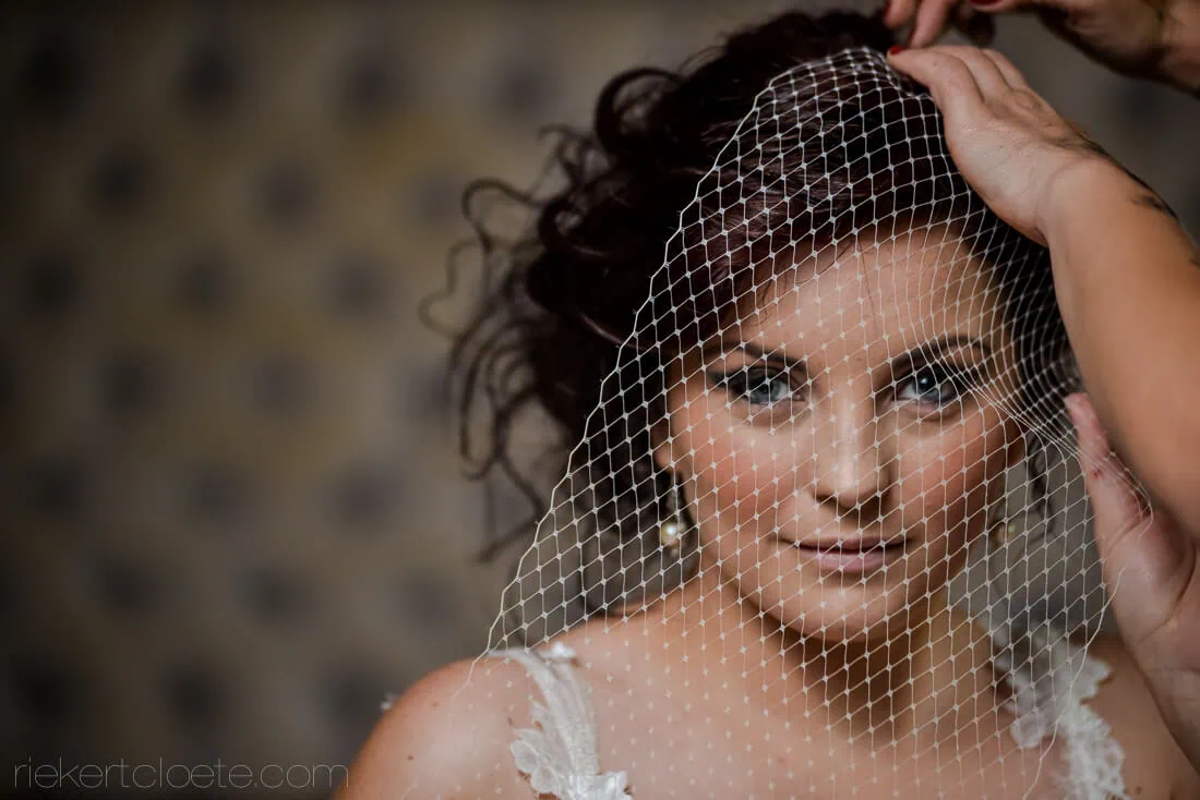 Bride birdcage veil placed curly updo closeup – Simondium Country Lodge, Paarl