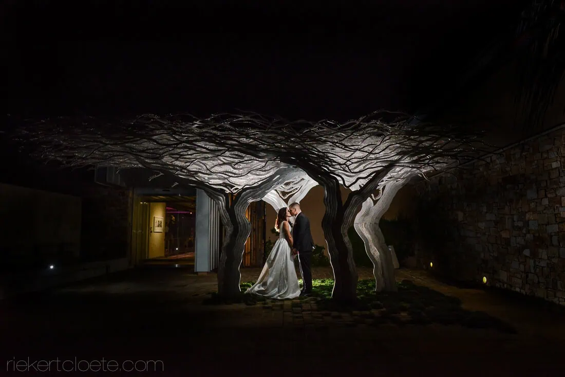 Couple beneath metal tree canopy night kiss – Tokara Restaurant, Stellenbosch