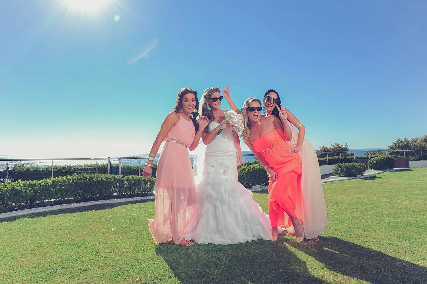 TWELVEbride bridesmaids colourful dresses ocean view – 12 Apostles Hotel & Spa, Cape Town