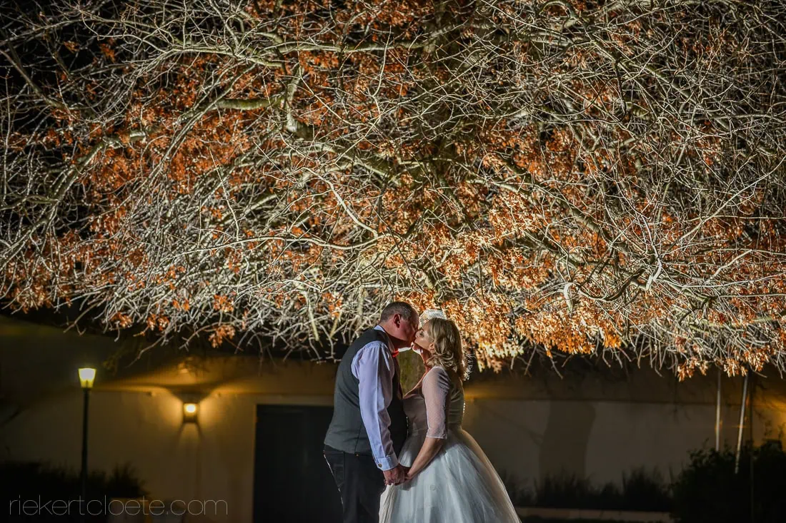 Couple kissing illuminated tree branches night venue – Vondeling Wines, Paarl